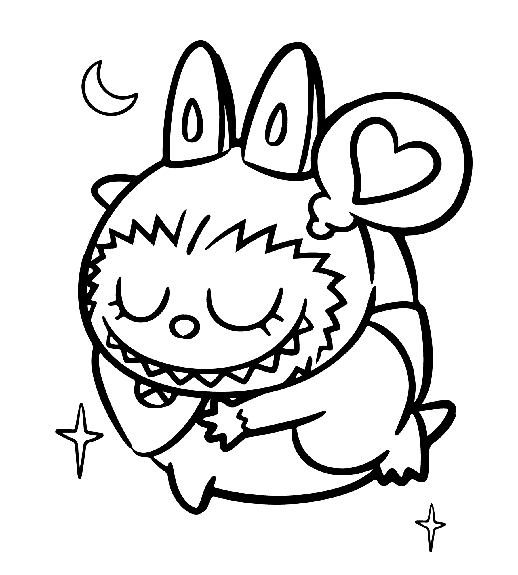 Lovable Labubu with a heart, line art for coloring